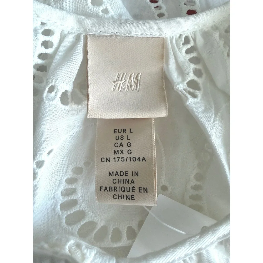 H&M White Cotton Eyelet Button Front Balloon Sleeve Blouse Large NWT Boho Summer